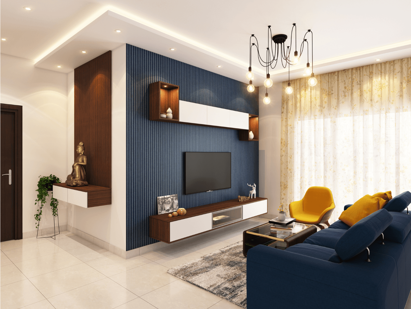 Modern living room with stylish furniture, elegant lighting, and a cozy ambiance.